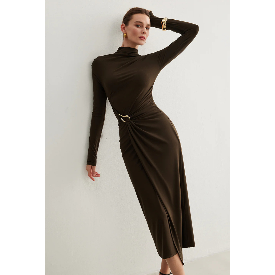 Commense Irregular Metal-Ring Slit Pleated Dress