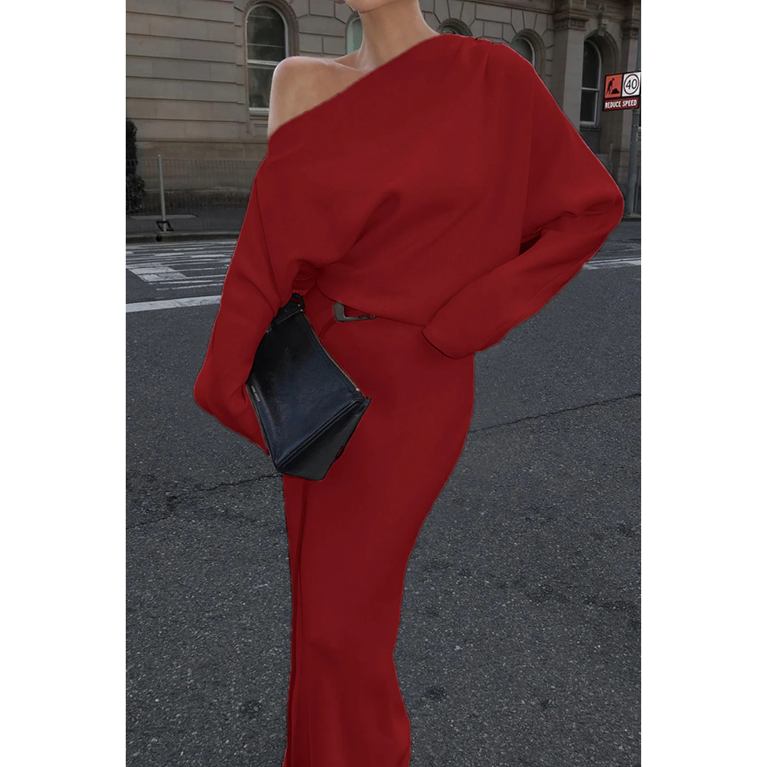 Commense Asymmetrical Off Shoulder Solid Long Sleeve Maxi Dress