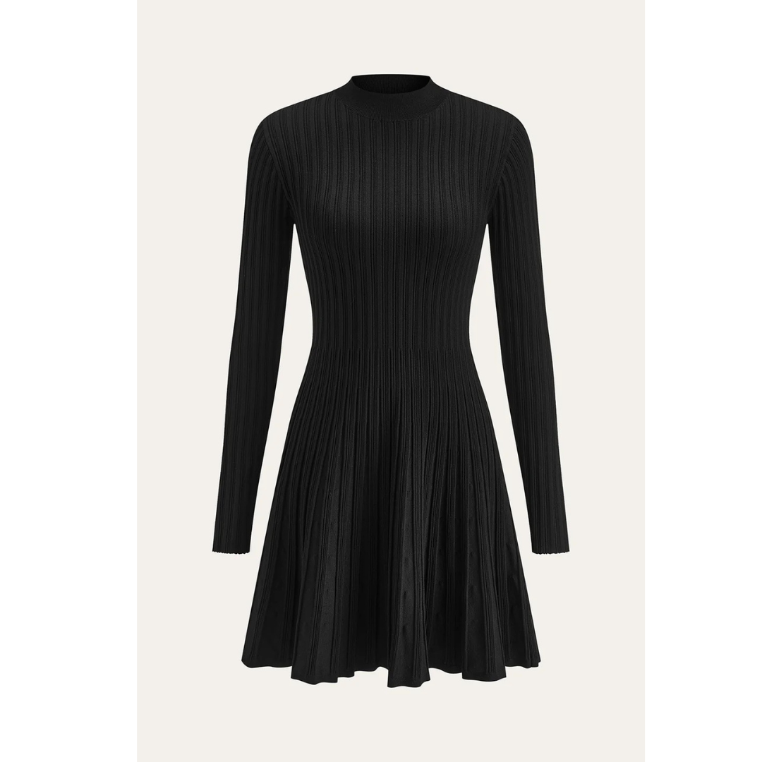 Commense Mock Neck Flared Sweater Dress