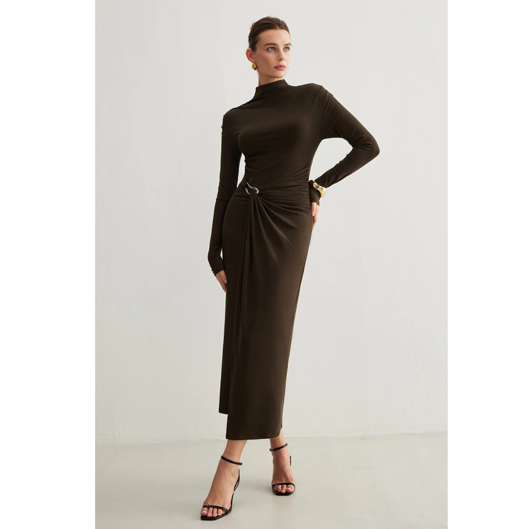 Commense Irregular Metal-Ring Slit Pleated Dress
