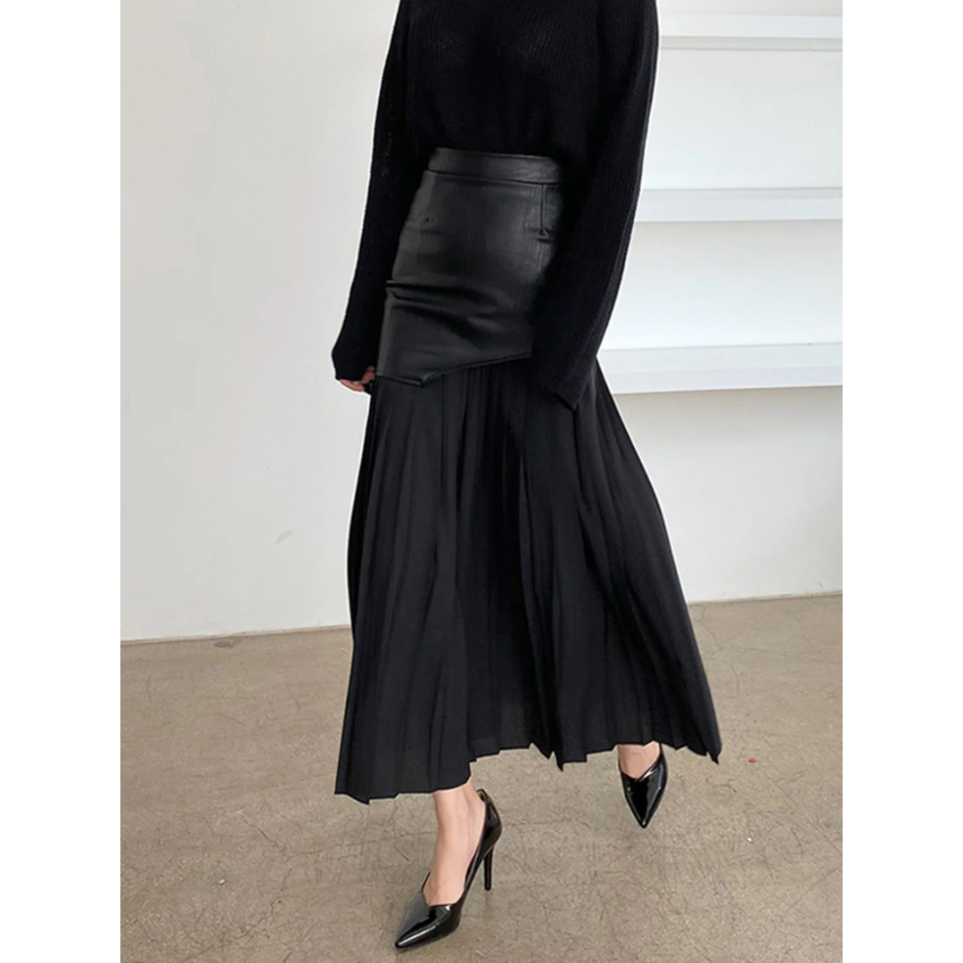 Commense Asymmetric Patchwork Faux Leather Chiffon Midi Skirt