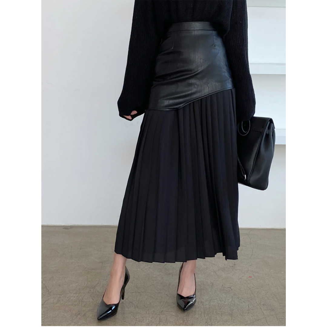Commense Asymmetric Patchwork Faux Leather Chiffon Midi Skirt