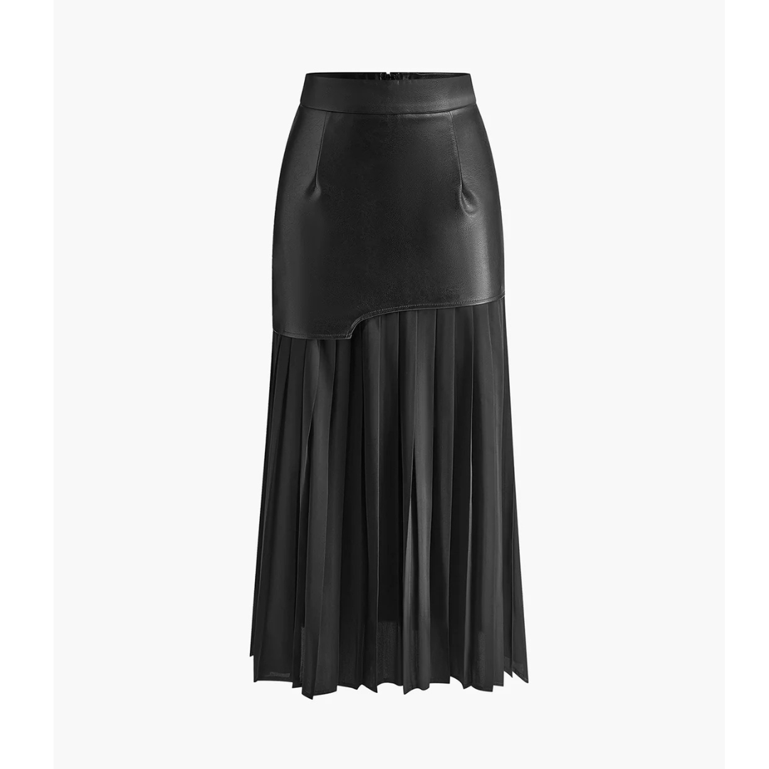 Commense Asymmetric Patchwork Faux Leather Chiffon Midi Skirt