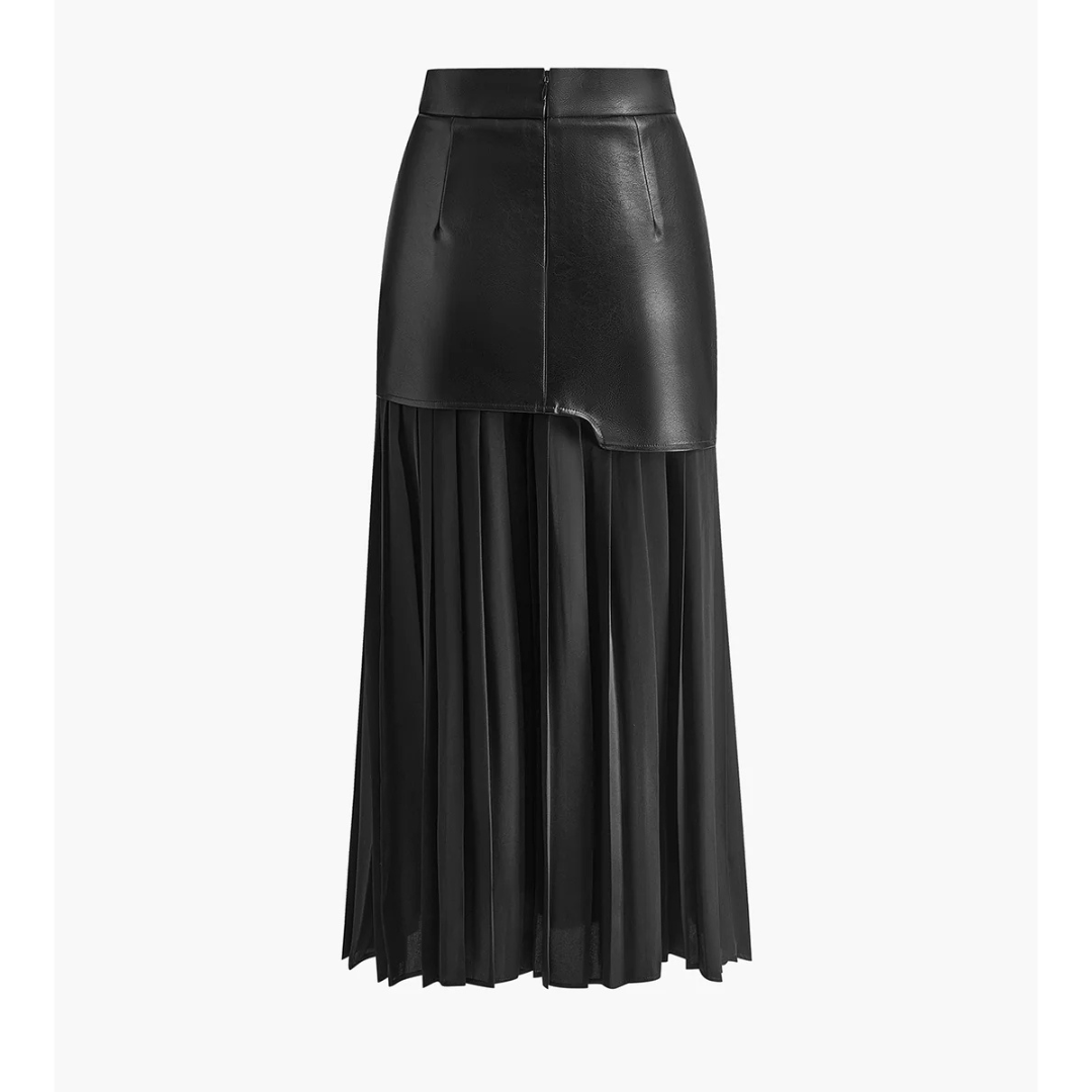 Commense Asymmetric Patchwork Faux Leather Chiffon Midi Skirt