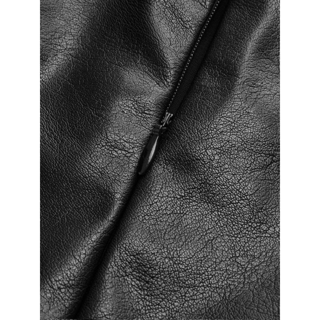 Commense Asymmetric Patchwork Faux Leather Chiffon Midi Skirt