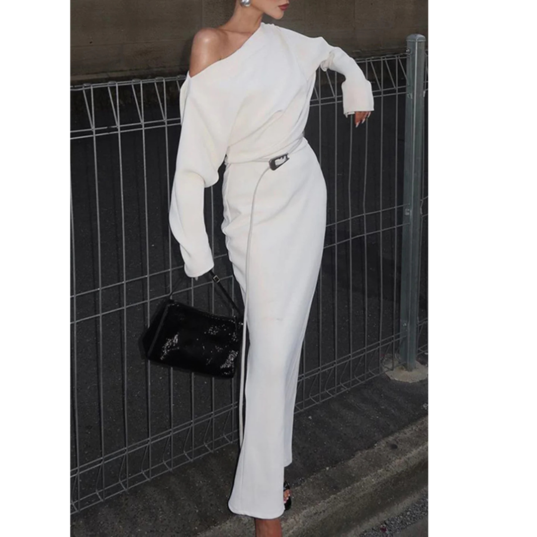 Commense Asymmetrical Off Shoulder Solid Long Sleeve Maxi Dress