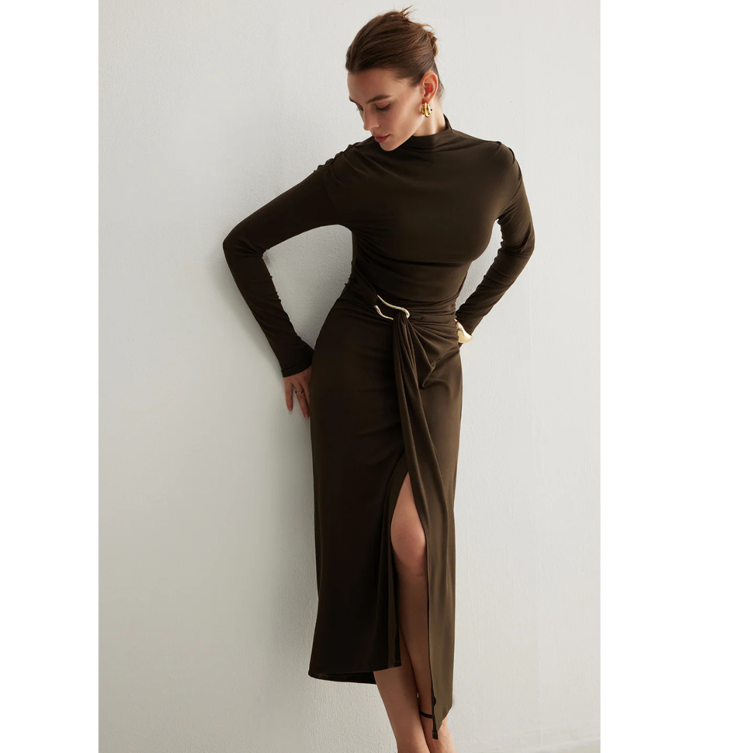 Commense Irregular Metal-Ring Slit Pleated Dress