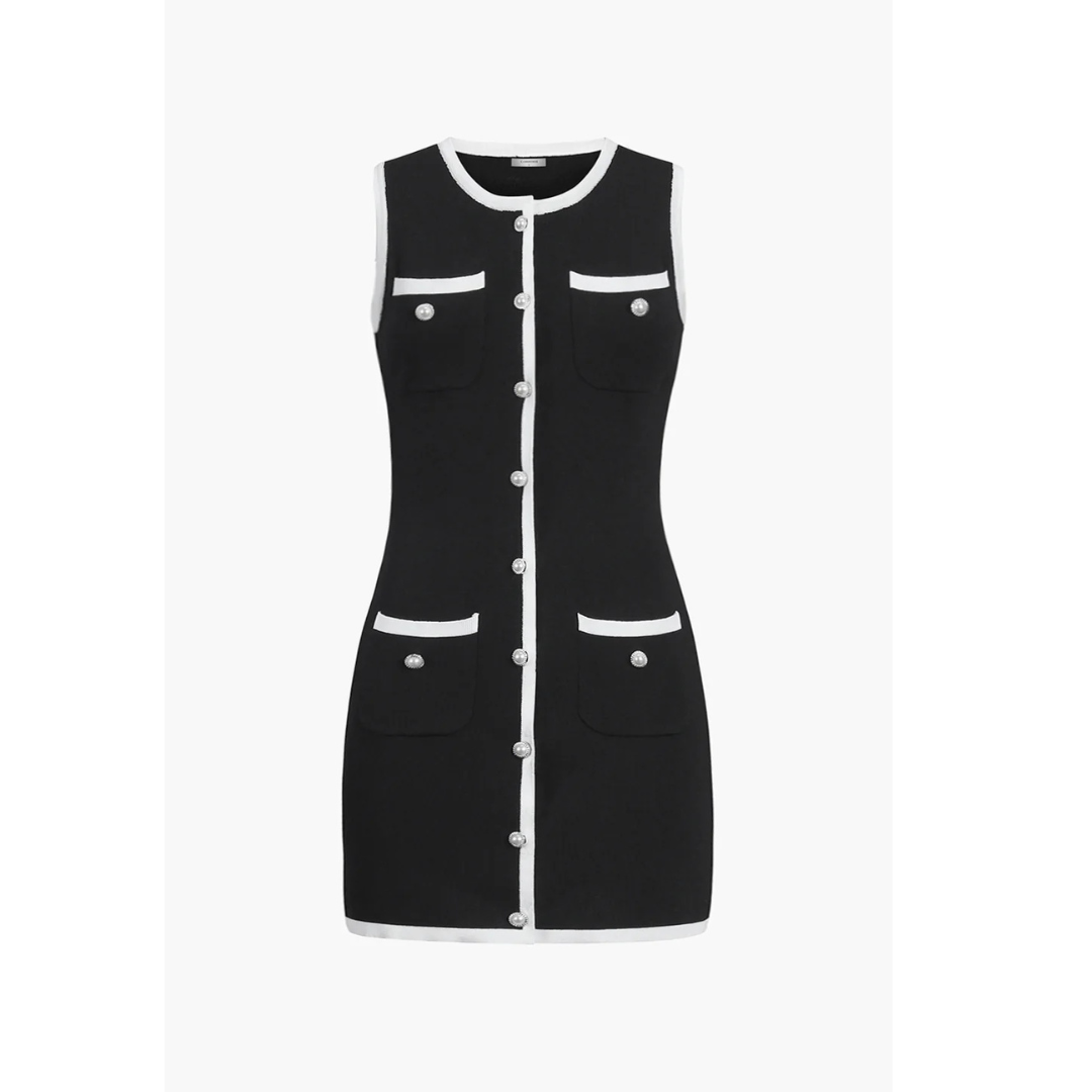 Commense Multi Pocket Button Sleeveless Short Sweater Dress