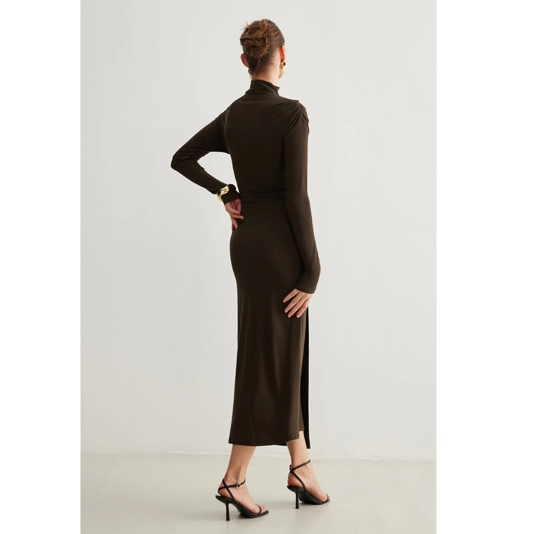 Commense Irregular Metal-Ring Slit Pleated Dress