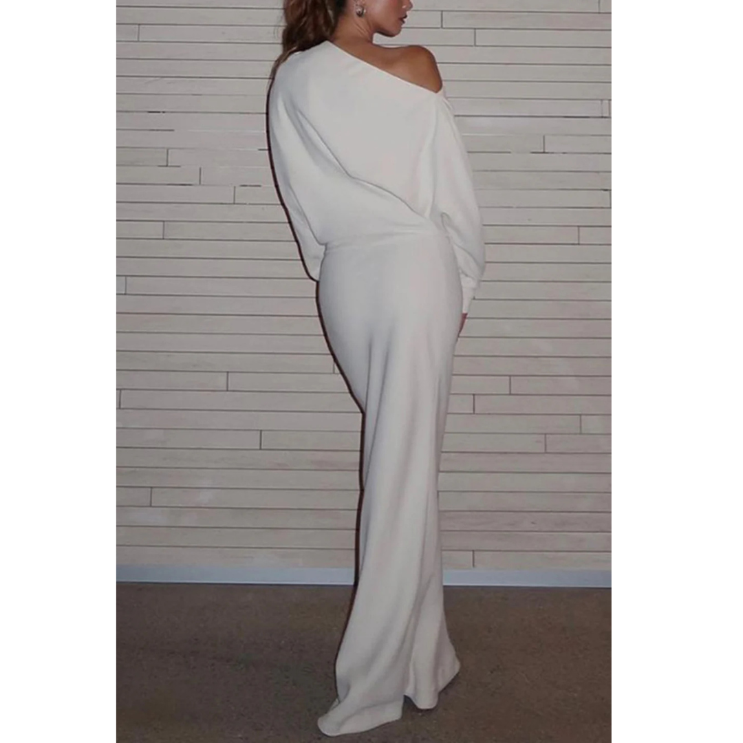 Commense Asymmetrical Off Shoulder Solid Long Sleeve Maxi Dress